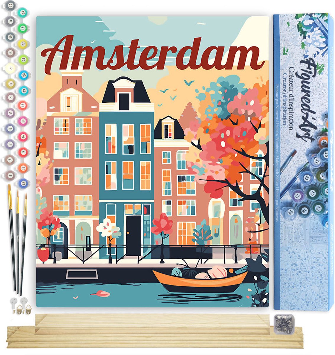 FiguredArt Schilderen op Nummer Volwassenen canvas Reisposter Amsterdam in Bloei - Handwerk acrylverf Kit DIY Compleet - 40x50cm met DIY houten lijst